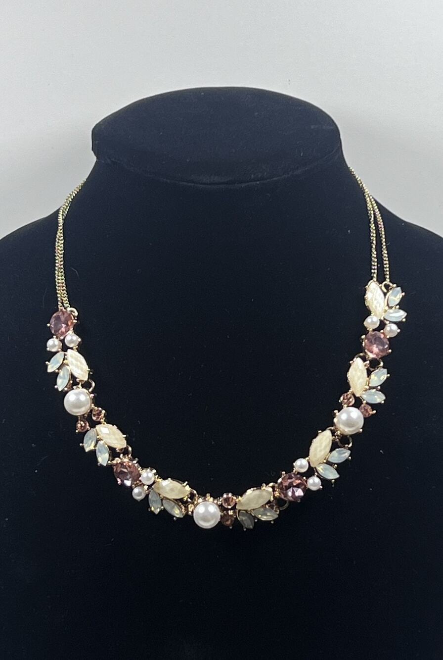 Bold Gold Tone Marquise & Irridescent Rhinestones Faux Pearl Statement Necklace
